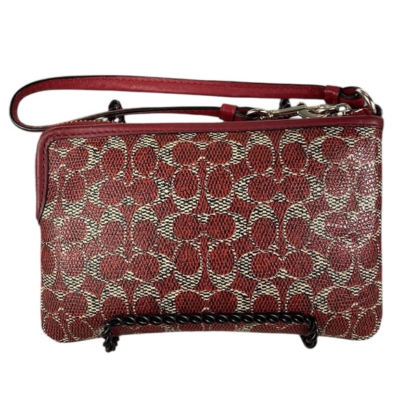 Coach EUC Dark Red and Tan Monogram Corner Zip Wristlet - Picture 5 of 17